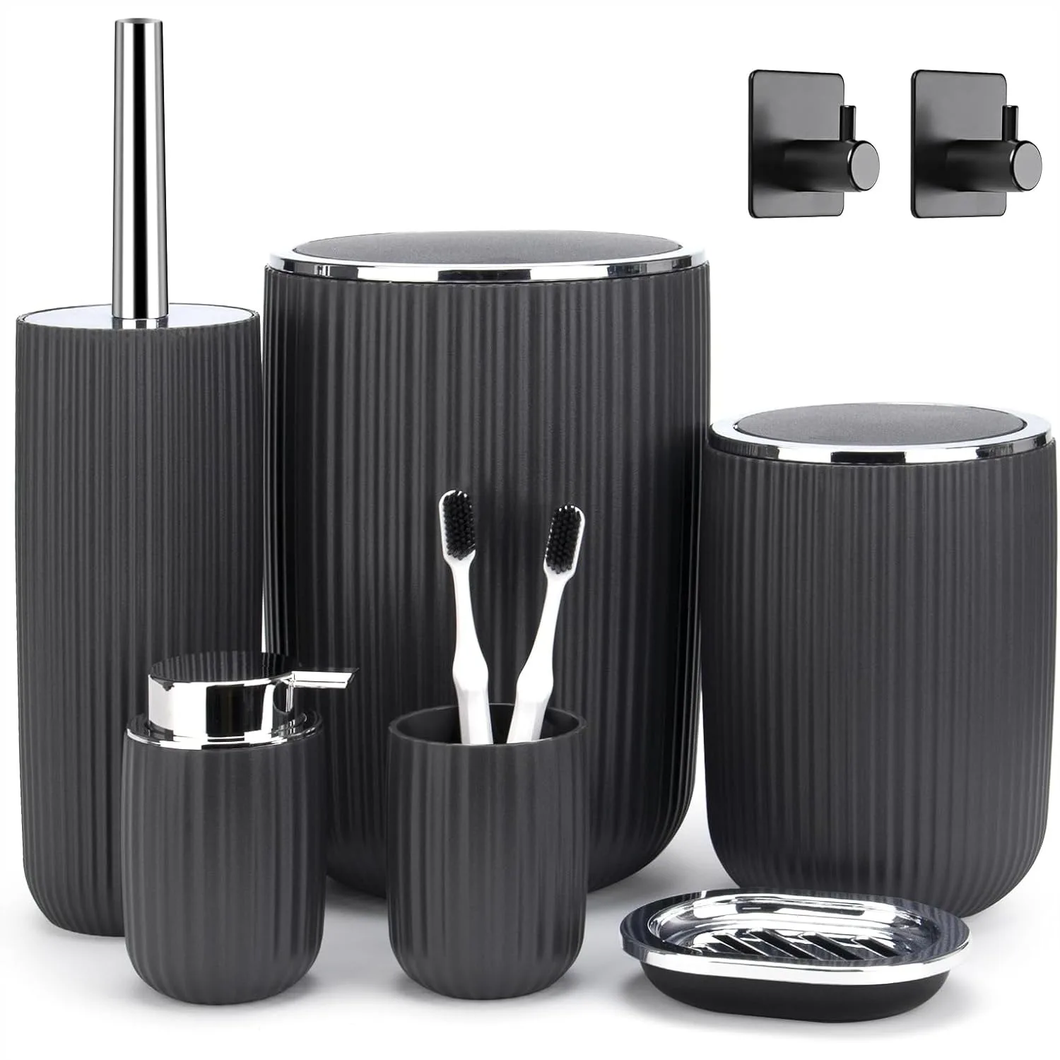 Bathroom Accessories Set 8pc with Trash Can, Toilet Brush, Soap Dispenser, Toothbrush Holder, Adhesive Hooks, Modern Grey
Bathroom Accessories Set 8pc with Trash Can, Toilet Brush, Soap Dispenser, Toothbrush Holder, Adhesive Hooks, Modern Grey
