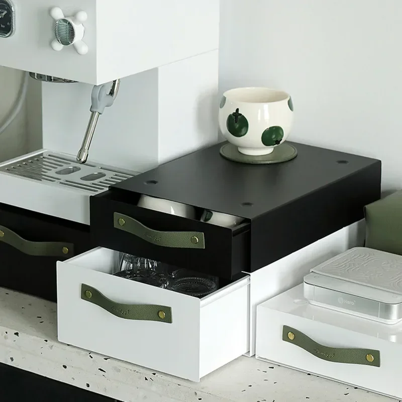 Stackable Single Layer Drawer Desktop Metal Storage Box Organizer Kitchen Countertop Storage Rack Coffee Machine Riser
