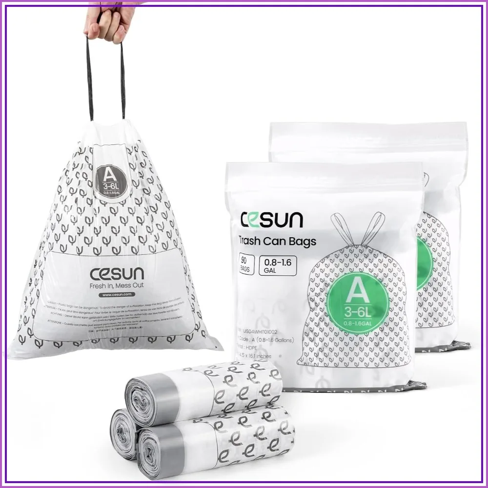 Drawstring Trash Bags 90 Count, 1.6 Gallon / 6 Liter Small Bathroom Trash Can Liners, White
Drawstring Trash Bags 90 Count, 1.6 Gallon / 6 Liter Small Bathroom Trash Can Liners, White