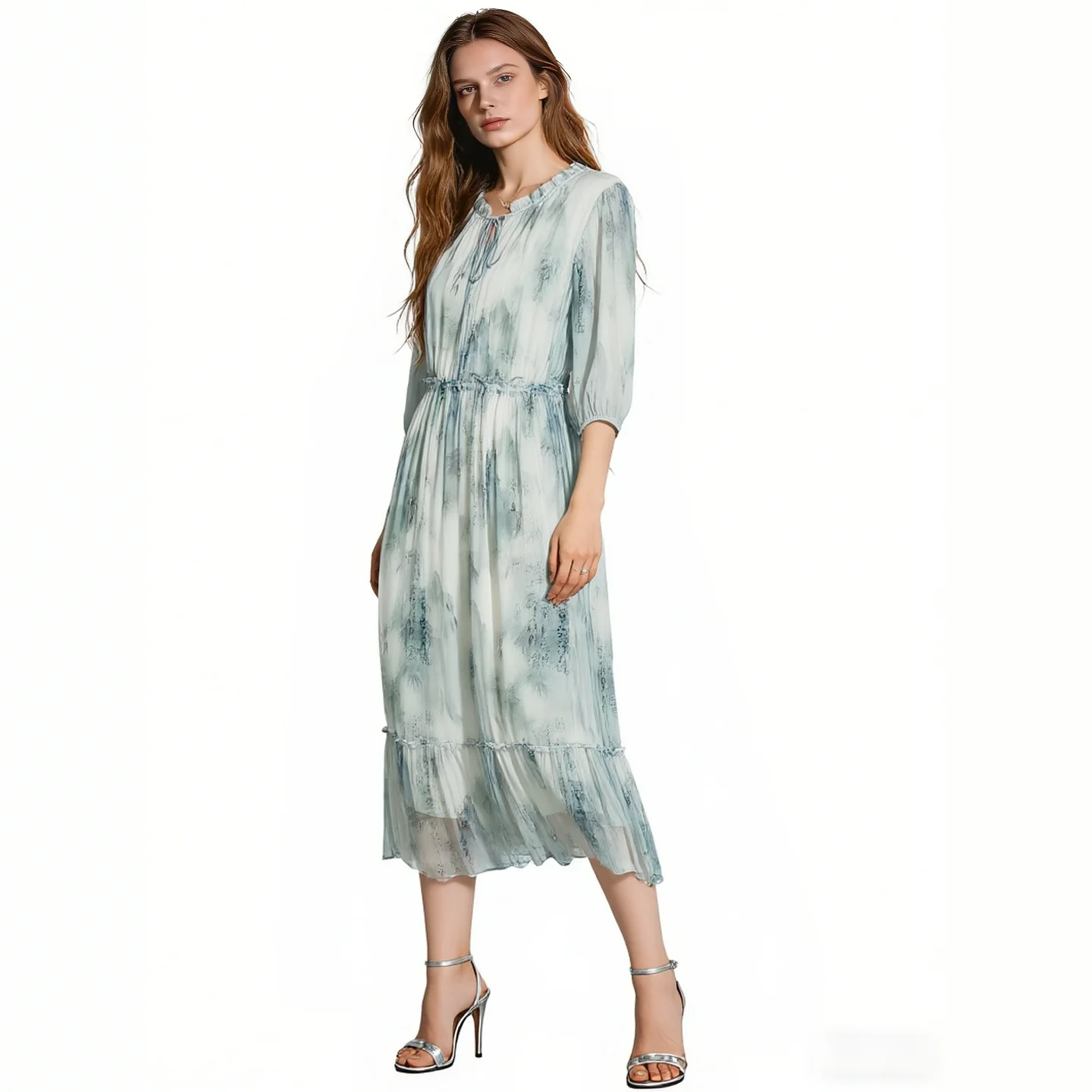 2026 Spring Women Ink Wash Chiffon Midi Dress Ruffle Tie Neck Puff Sleeve Tie Waist Tiered Casual Dresses Green
2026 Spring Women Ink Wash Chiffon Midi Dress Ruffle Tie Neck Puff Sleeve Tie Waist Tiered Casual Dresses Green