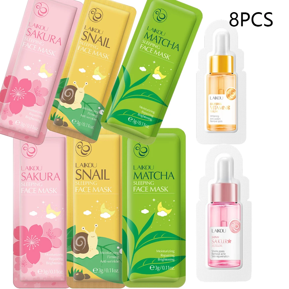 8Pcs LAIKOU Sakura Essence Green Tea Snail Sleep facial mask Vitamin C Serum Face Oil Control Deep Cleaning Peach Scrub Skincare
8Pcs LAIKOU Sakura Essence Green Tea Snail Sleep facial mask Vitamin C Serum Face Oil Control Deep Cleaning Peach Scrub Skincare