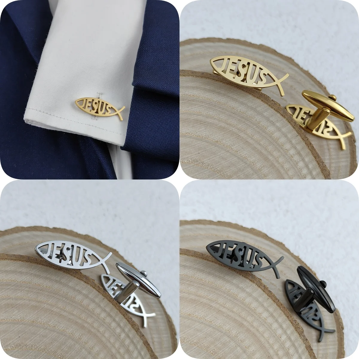 Jesus fish gold-plated brooch/cufflinks, men's suit gold stainless steel lapel pin, women's anti-travel buttons.
Jesus fish gold-plated brooch/cufflinks, men's suit gold stainless steel lapel pin, women's anti-travel buttons.