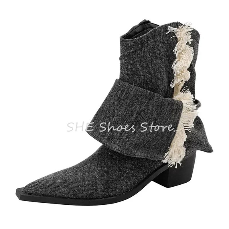 Fashion Denim Pleated Western Cowboys Boots for Women Retro Tassel Pointed Toe Chunky Heel Ankle Boots Ladies Chelsea Boots
Fashion Denim Pleated Western Cowboys Boots for Women Retro Tassel Pointed Toe Chunky Heel Ankle Boots Ladies Chelsea Boots