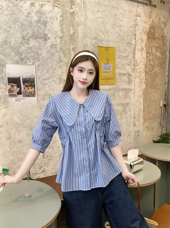 plus Size Women's Shirt Collar Doll Short Sleeve Striped Pleated Waist Cinching Slimming Design Summer New Style Korean Style
plus Size Women's Shirt Collar Doll Short Sleeve Striped Pleated Waist Cinching Slimming Design Summer New Style Korean Style