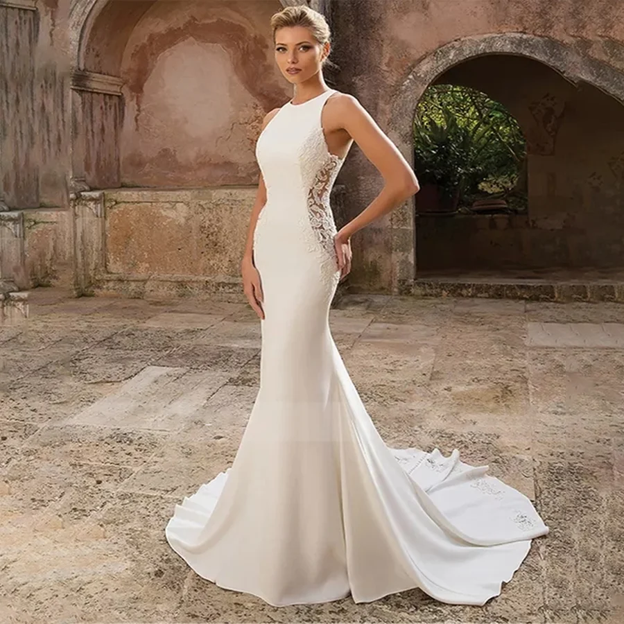 Scoop Neck Sleeveless Lace Appliques In Both Side Mermaid Wedding Dress Backless Zipper With Decorative Evening Gowns
Scoop Neck Sleeveless Lace Appliques In Both Side Mermaid Wedding Dress Backless Zipper With Decorative Evening Gowns