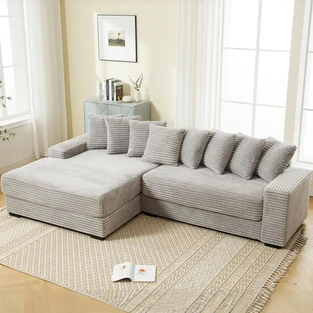 L-Shaped Grey Corduroy Sectional Sofa with Chaise, Oversized Lounge, 8 Pillows, Ideal for Living Spaces, Offices, and Hotels
L-Shaped Grey Corduroy Sectional Sofa with Chaise, Oversized Lounge, 8 Pillows, Ideal for Living Spaces, Offices, and Hotels