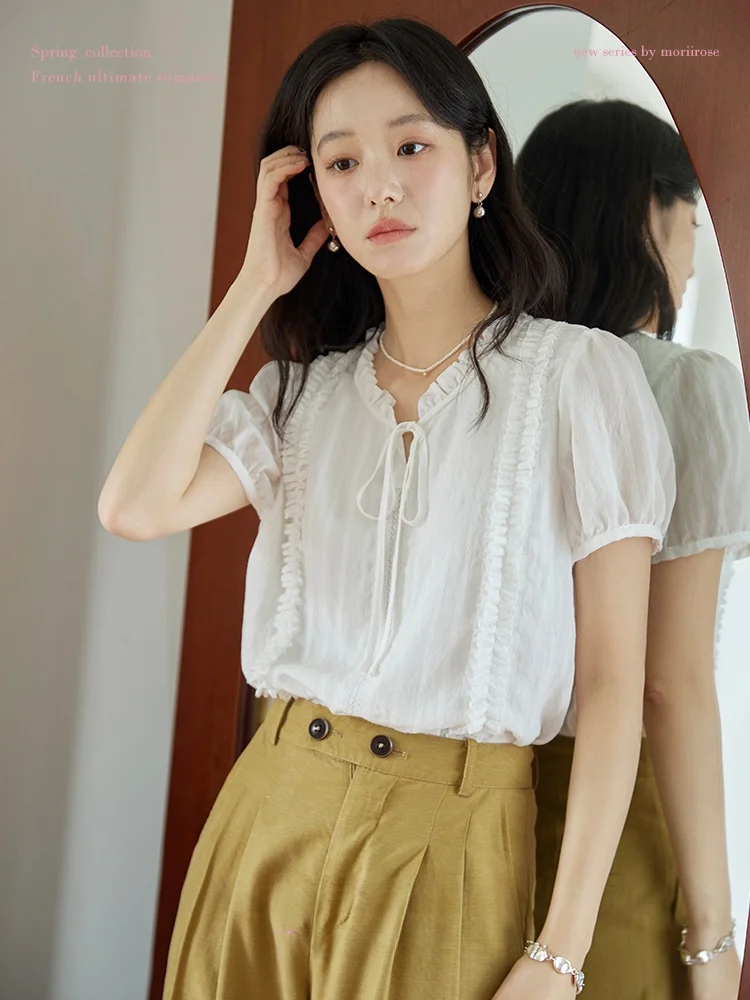 Женская летняя винтажная блузка Moriirose с белым рюшевым воротником, кружевом и завязками, с объемными рукавами, из нейлона и других материалов.
Женская летняя винтажная блузка Moriirose с белым рюшевым воротником, кружевом и завязками, с объемными рукавами, из нейлона и других материалов.