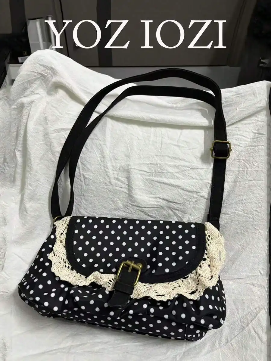 Polka Dot Crossbody Bag with Lace Trim and Buckle Closure for Women
Polka Dot Crossbody Bag with Lace Trim and Buckle Closure for Women