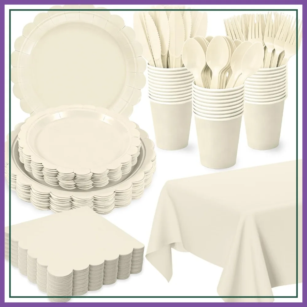 176 Pcs Ivory Party Set: Scalloped Plates, Napkins, Cups, Cutlery, Tablecloth for 25 Guests
176 Pcs Ivory Party Set: Scalloped Plates, Napkins, Cups, Cutlery, Tablecloth for 25 Guests