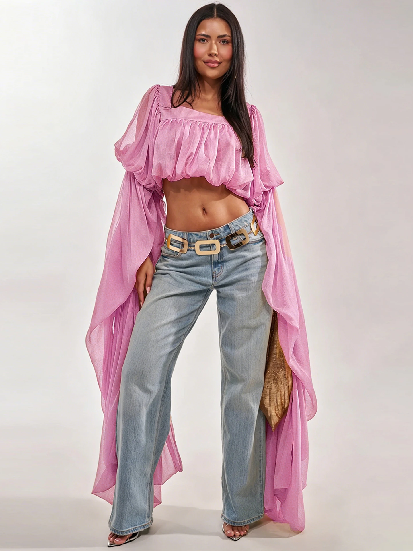VGH Style Pink Chiffon Top Square Collar Extra Large Flared Sleeves Short Length Belted Women's Fashion Spring 2026
VGH Style Pink Chiffon Top Square Collar Extra Large Flared Sleeves Short Length Belted Women's Fashion Spring 2026