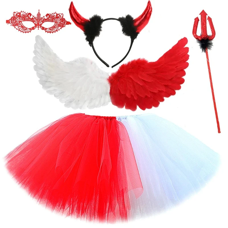 White Red Devil Angel Costumes for Girls Demon Angel Halloween Fancy Skirt for Kids Carnival Party Outfit with Horns Wings Fork
White Red Devil Angel Costumes for Girls Demon Angel Halloween Fancy Skirt for Kids Carnival Party Outfit with Horns Wings Fork