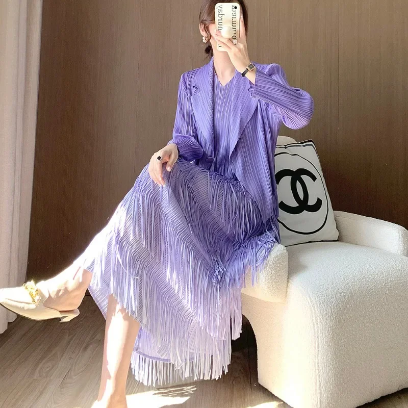 HANGXI Miyake Pleated Tassel Sleeveless Dress Suit Collar Short Top Two-piece Fashionable Summer Dress Set Women's Clothing
HANGXI Miyake Pleated Tassel Sleeveless Dress Suit Collar Short Top Two-piece Fashionable Summer Dress Set Women's Clothing