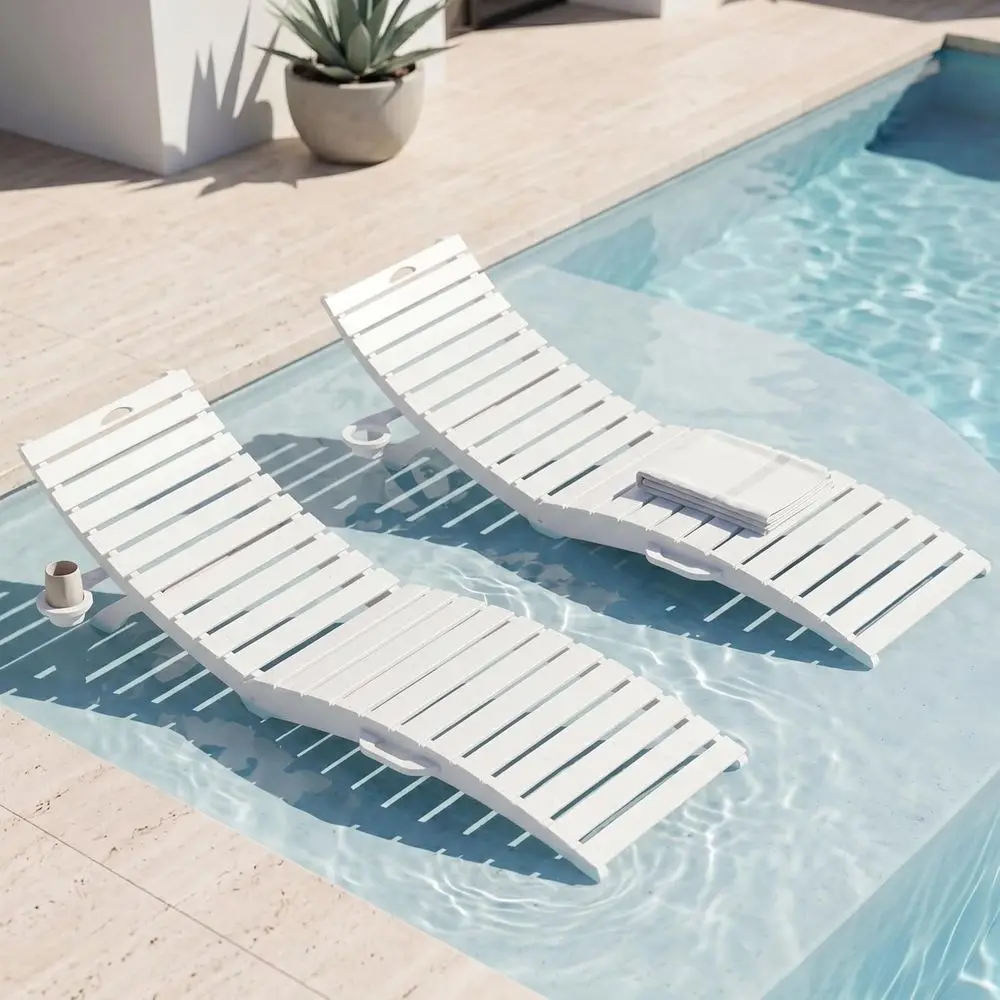 White Pre-Assembled 2-Piece HDPE Pool Lounge Chair Set with Cup Holders for Up to 8-Inch Water Depth
White Pre-Assembled 2-Piece HDPE Pool Lounge Chair Set with Cup Holders for Up to 8-Inch Water Depth