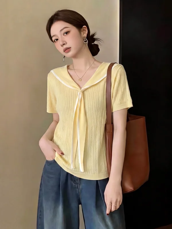 Yellow Navy Collar Short Sleeve T-Shirt Comfortable Breathable Korean Style Loose Fit Summer Top for plus Size Women
Yellow Navy Collar Short Sleeve T-Shirt Comfortable Breathable Korean Style Loose Fit Summer Top for plus Size Women