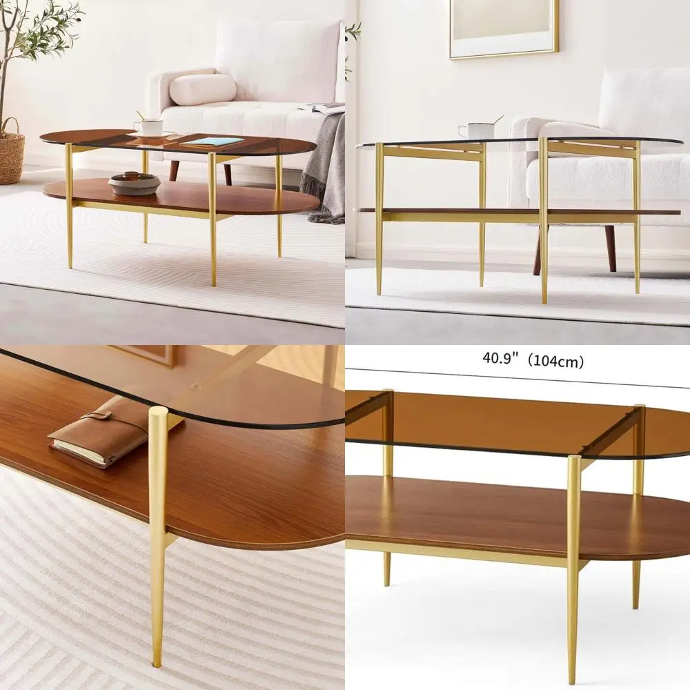 Mid-Century Oval Coffee Table: 2-Tier, Amber Glass Top, Walnut Shelf, Gold Frame, L41xW21xH17 for Living Room
Mid-Century Oval Coffee Table: 2-Tier, Amber Glass Top, Walnut Shelf, Gold Frame, L41xW21xH17 for Living Room