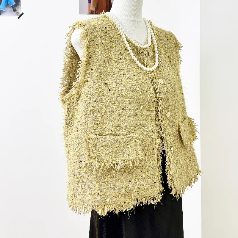 Women Yellow Small Fragrance Round Neck Tassel Vest Female 2025 Autumn New Fashion Sleeveless Sweet Loose Tweed Vest Coat
Women Yellow Small Fragrance Round Neck Tassel Vest Female 2025 Autumn New Fashion Sleeveless Sweet Loose Tweed Vest Coat