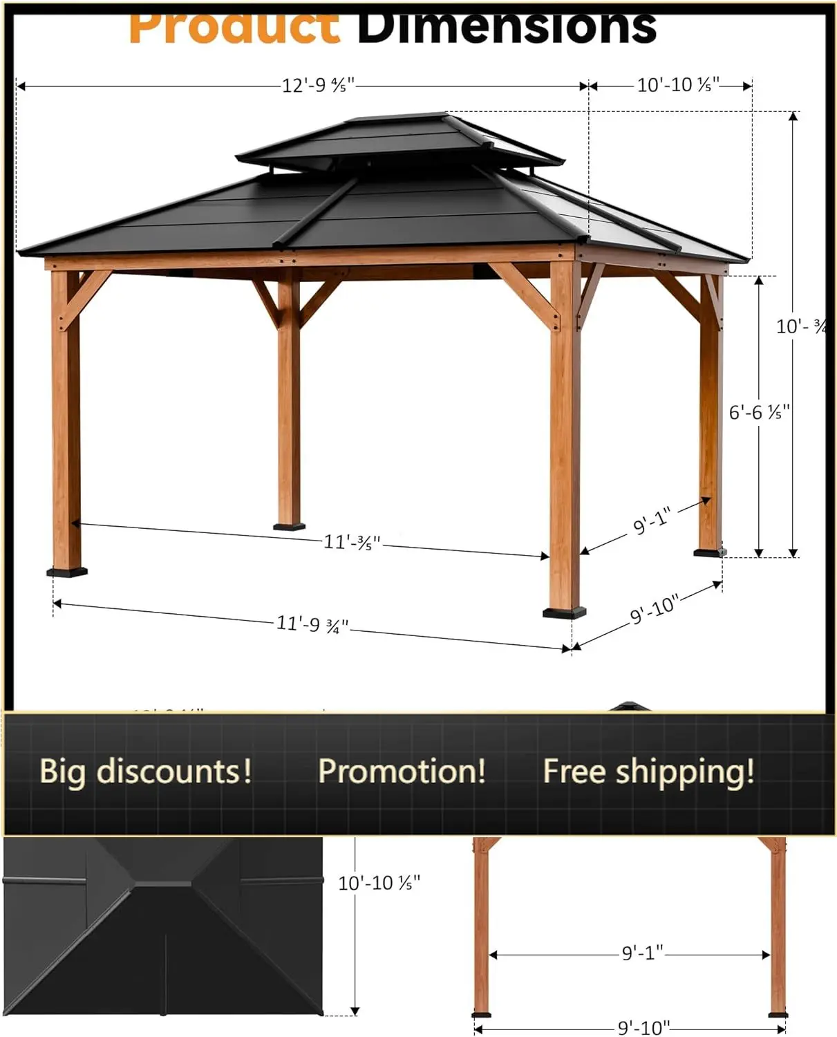 Modern Shade Wood Gazebo 11' x 13', Cedar Framed Wooden Gazebo with Double Galvanized Steel Roof, Hardtop Pavilion with Sturdy H
Modern Shade Wood Gazebo 11' x 13', Cedar Framed Wooden Gazebo with Double Galvanized Steel Roof, Hardtop Pavilion with Sturdy H