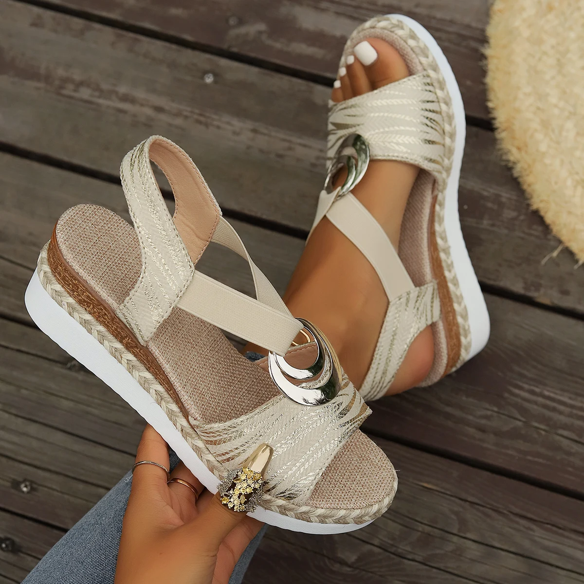 Comfortable Open Toe Wedge Sandals for Women, Metallic Accent & Elastic Strap, Espadrille Style 19 S4d37ff7be1354c8ea319ae6f677bc38bG