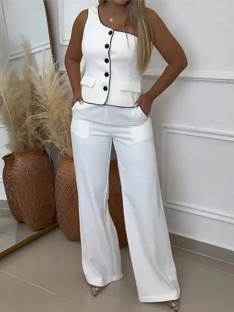 Women Vest Pant Sets Two Piece Set V Neck Sleeveless Button Tops High Waist Straight Long Pants Elegant Lady Streetwear Clothing
Women Vest Pant Sets Two Piece Set V Neck Sleeveless Button Tops High Waist Straight Long Pants Elegant Lady Streetwear Clothing