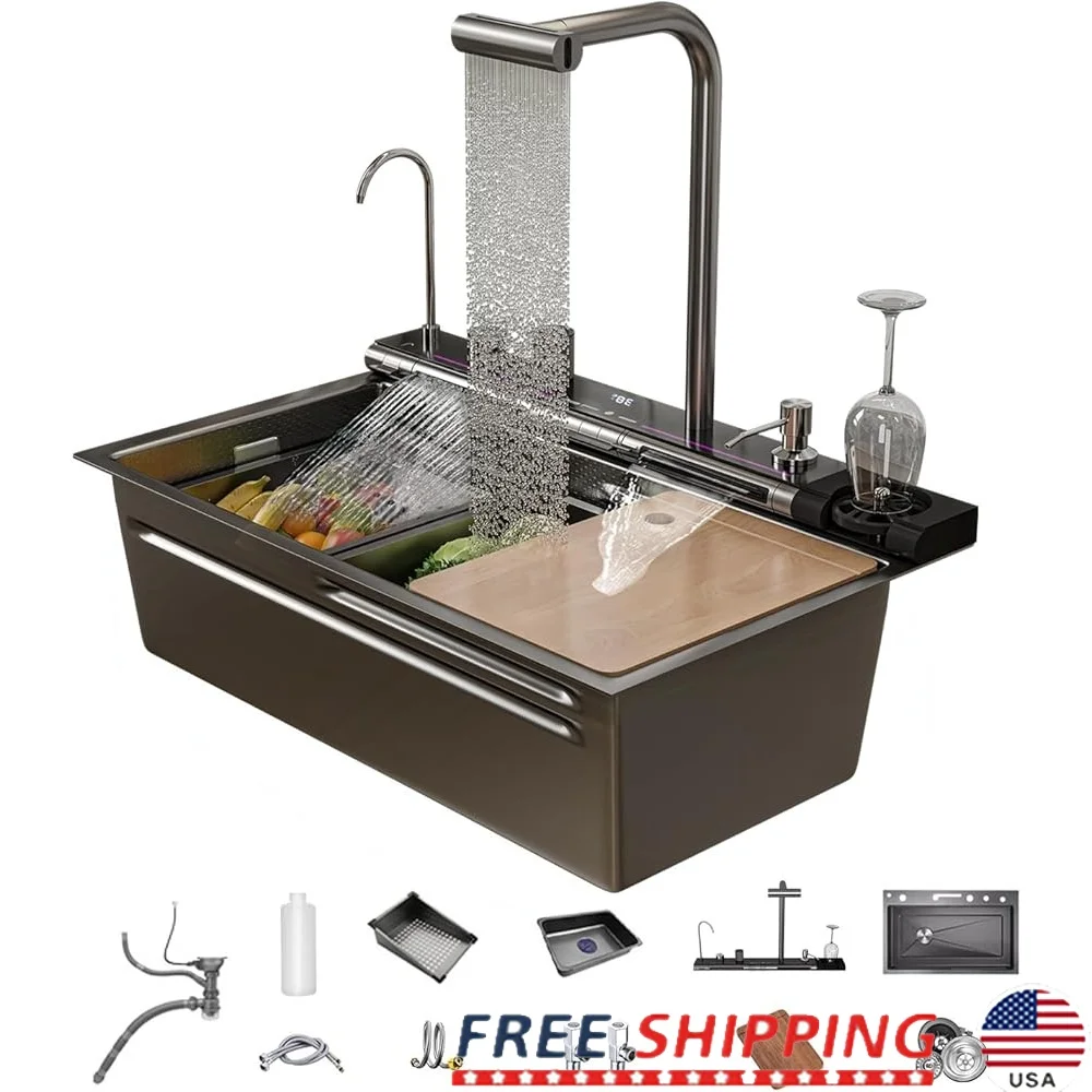 Digital Smart Kitchen Sink Dual Waterfall Stainless Steel Single Bowl Pull-out Faucet with Soap Dispenser and Drain Control
Digital Smart Kitchen Sink Dual Waterfall Stainless Steel Single Bowl Pull-out Faucet with Soap Dispenser and Drain Control