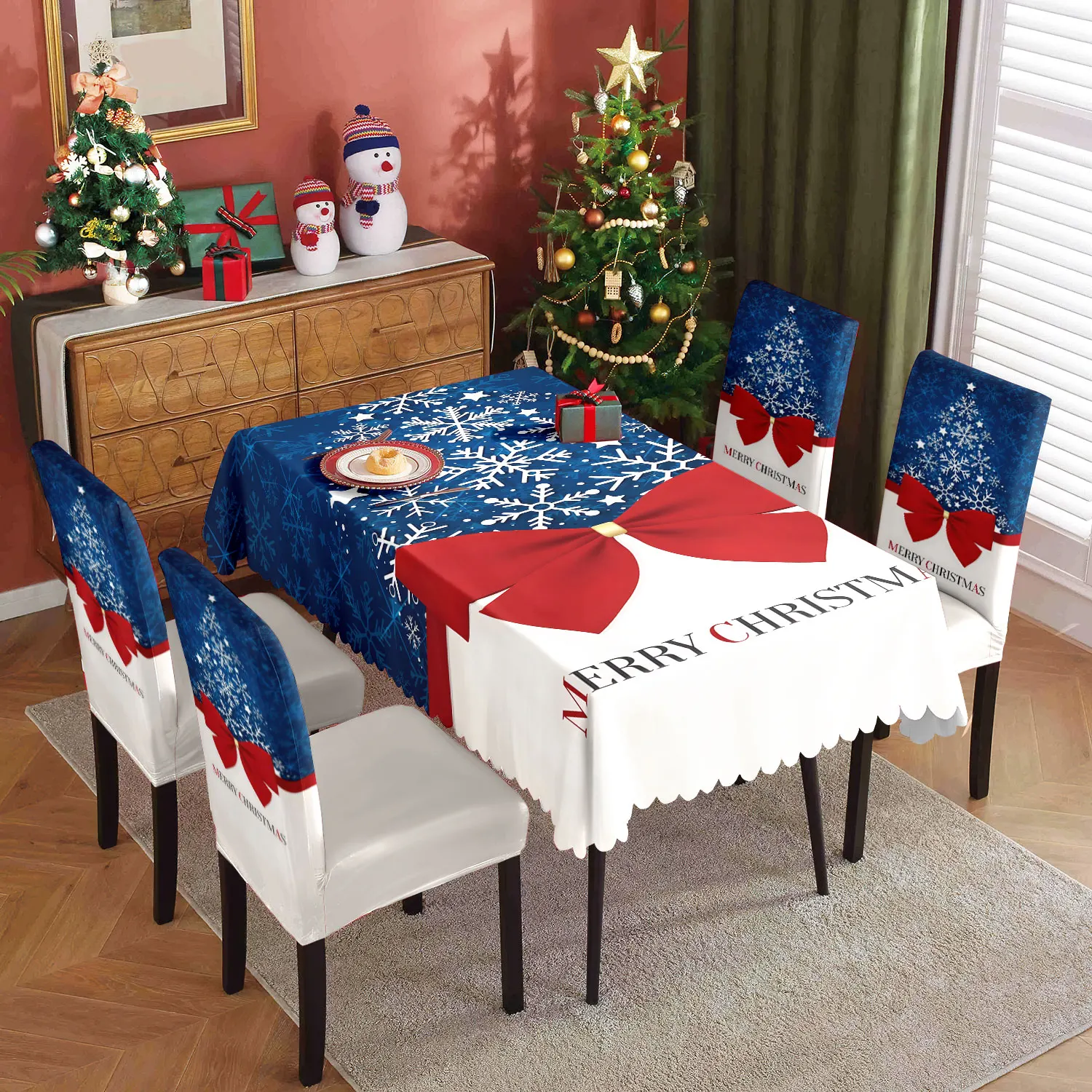 5/7pcs Blue White Christmas Snowflake Tablecloth Chair Slipcover Set with Red Bow, Festive Dining Decor
5/7pcs Blue White Christmas Snowflake Tablecloth Chair Slipcover Set with Red Bow, Festive Dining Decor
