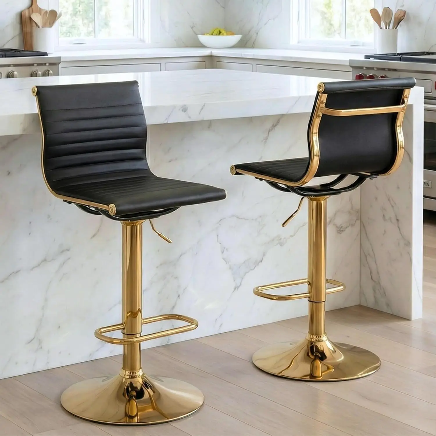 Set of 2 Adjustable Bar Stools, Faux Leather with Back, Gold Frame, Swivel, for Kitchen Island
Set of 2 Adjustable Bar Stools, Faux Leather with Back, Gold Frame, Swivel, for Kitchen Island