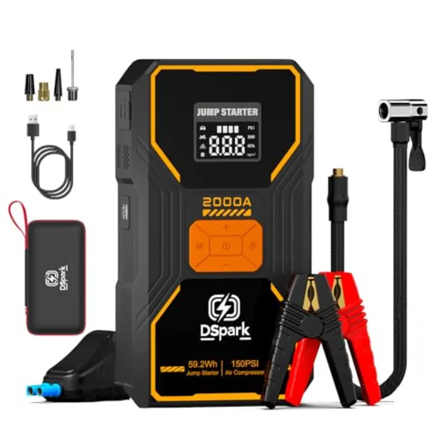 Jump Starter with Air Compressor Portable 2000A Car Battery Jump Box for 7.0 Gas/6.5L Diesel Vehicles 150 PSI Tire Inflator Aut
Jump Starter with Air Compressor Portable 2000A Car Battery Jump Box for 7.0 Gas/6.5L Diesel Vehicles 150 PSI Tire Inflator Aut