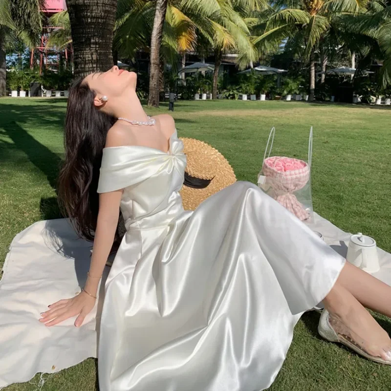 French Satin Off-Shoulder Dress Summer Solid Bandage Formal Dress French Elegant Long Tube Tops Korean Bow Fairy Dress Y2k 
French Satin Off-Shoulder Dress Summer Solid Bandage Formal Dress French Elegant Long Tube Tops Korean Bow Fairy Dress Y2k