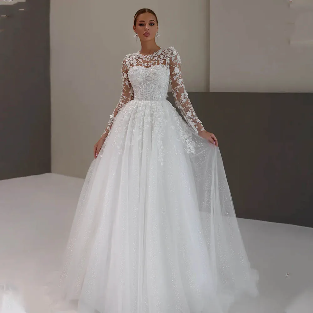 Charming Long Sleeves Shiny 3D Lace Appliqye Bridal Grown A Line Wedding Dresses Custom made 2027 Vestido De Noival
Charming Long Sleeves Shiny 3D Lace Appliqye Bridal Grown A Line Wedding Dresses Custom made 2027 Vestido De Noival