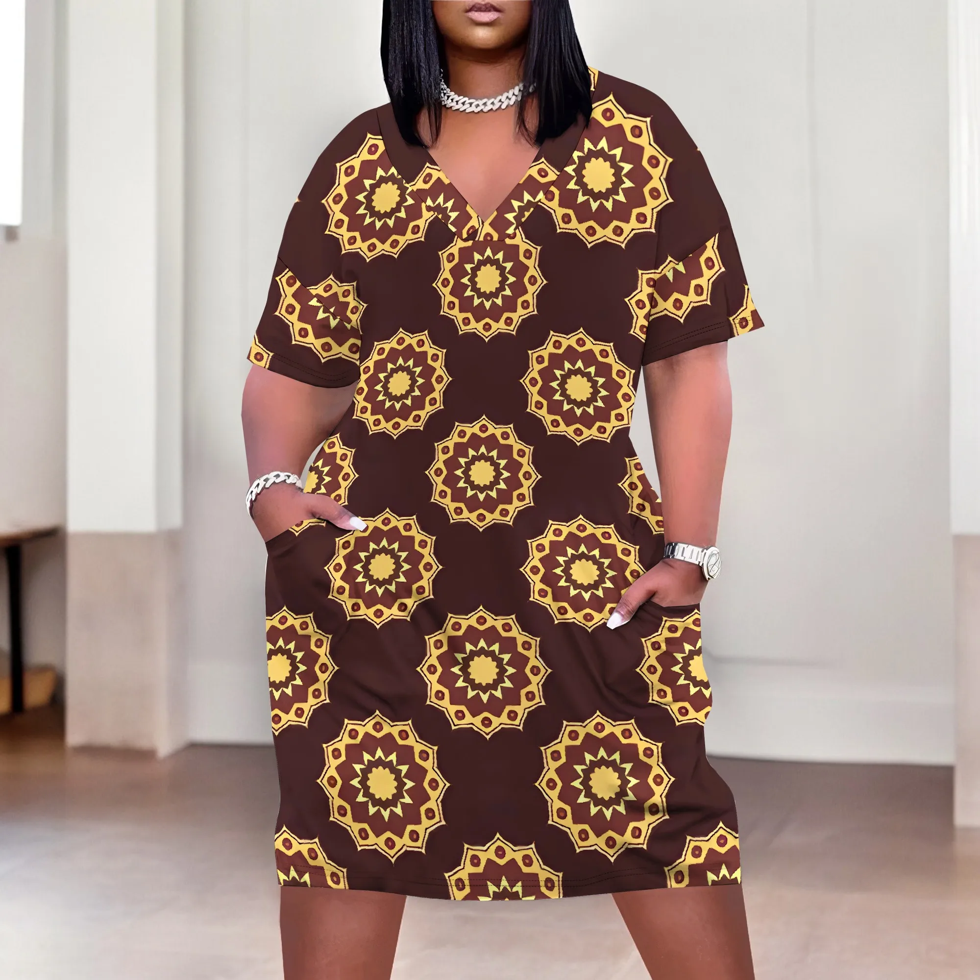 Plus Size African Style Short Sleeve Dress Brown Yellow Ethnic Print Summer Wear
Plus Size African Style Short Sleeve Dress Brown Yellow Ethnic Print Summer Wear
