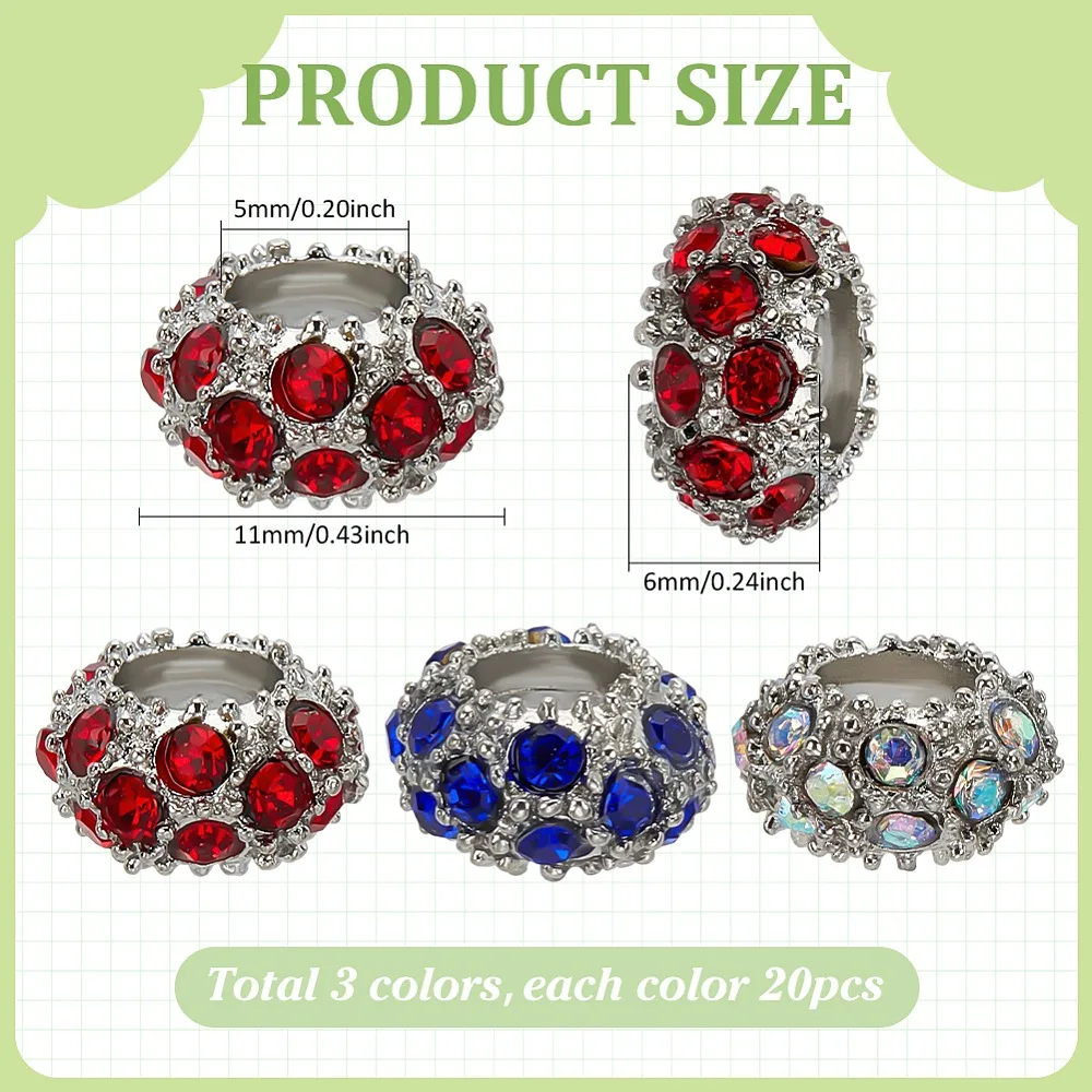 60Pcs 3 Colors Alloy Rhinestone European Beads Large Hole Beads Rondelle Mixed Color 11x6mm Hole: 5mm 20pcs/color
60Pcs 3 Colors Alloy Rhinestone European Beads Large Hole Beads Rondelle Mixed Color 11x6mm Hole: 5mm 20pcs/color