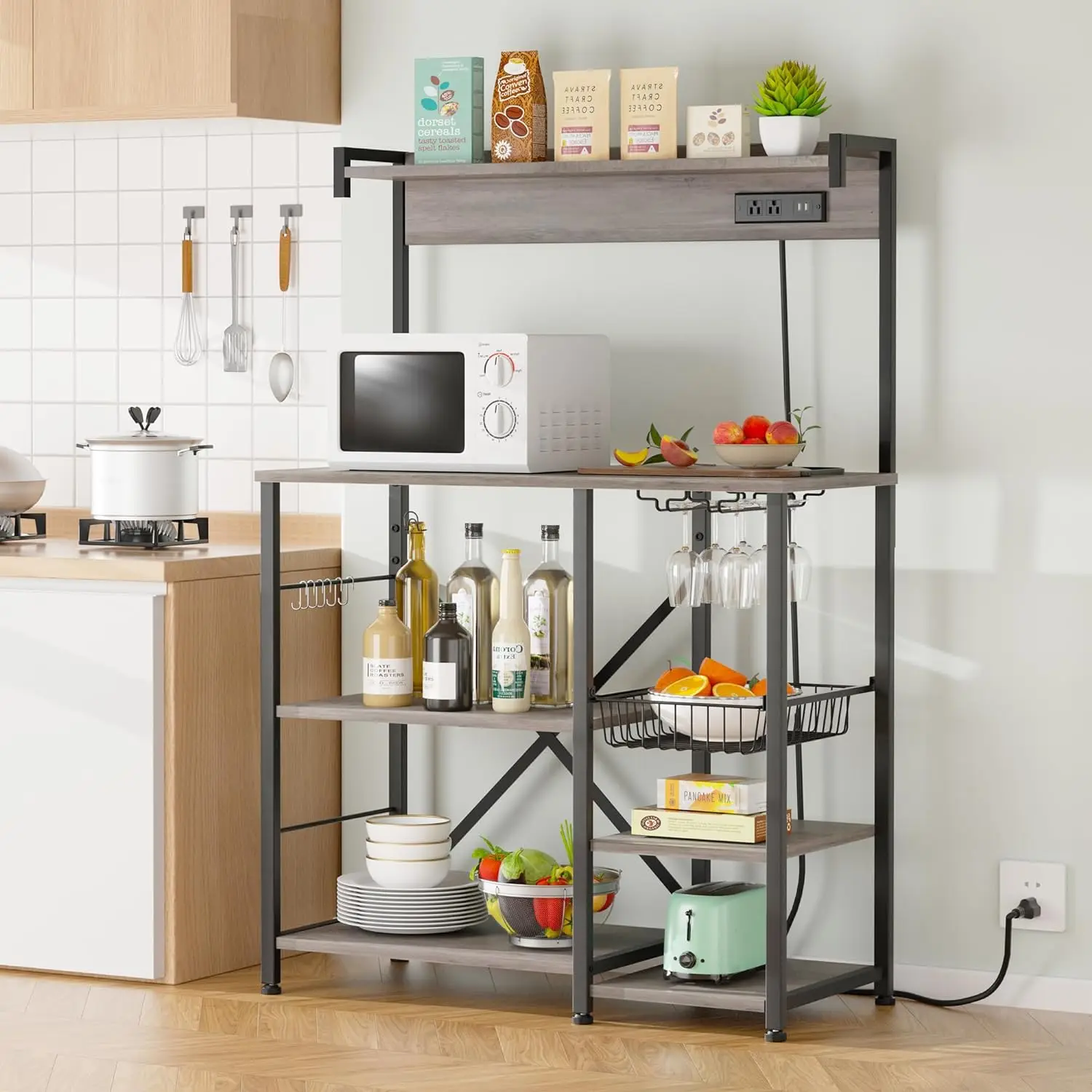 Kitchen Bakers Rack with Power Outlet,Kitchen Cart,Large Microwave Stands Cart w/ 6 S-Shaped Hooks,Wine Glass Holder and Basket
Kitchen Bakers Rack with Power Outlet,Kitchen Cart,Large Microwave Stands Cart w/ 6 S-Shaped Hooks,Wine Glass Holder and Basket