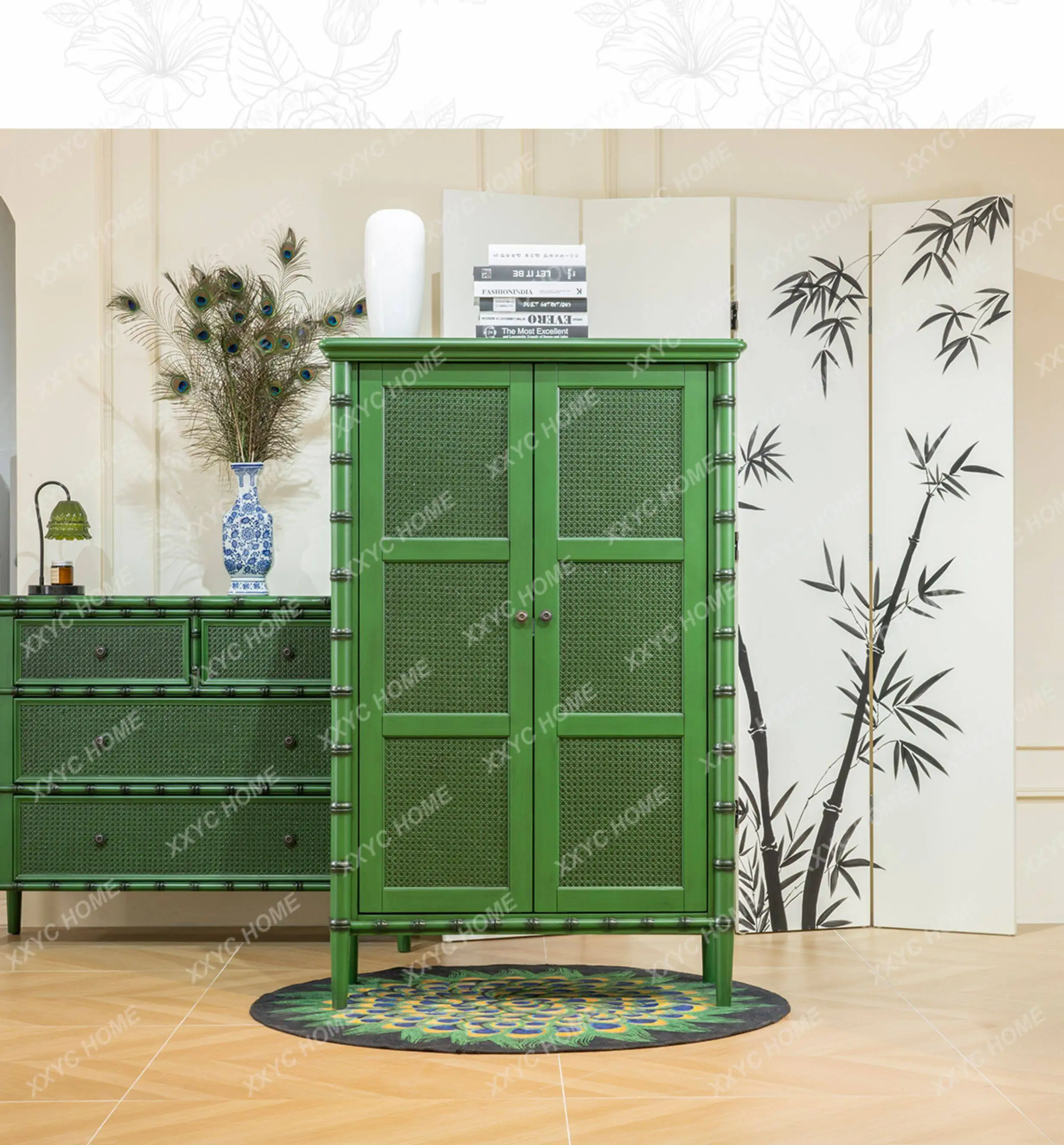 Lbookcase handmade distressed green display cabinet natural rattan high cabinet large capacity magazine storage
Lbookcase handmade distressed green display cabinet natural rattan high cabinet large capacity magazine storage