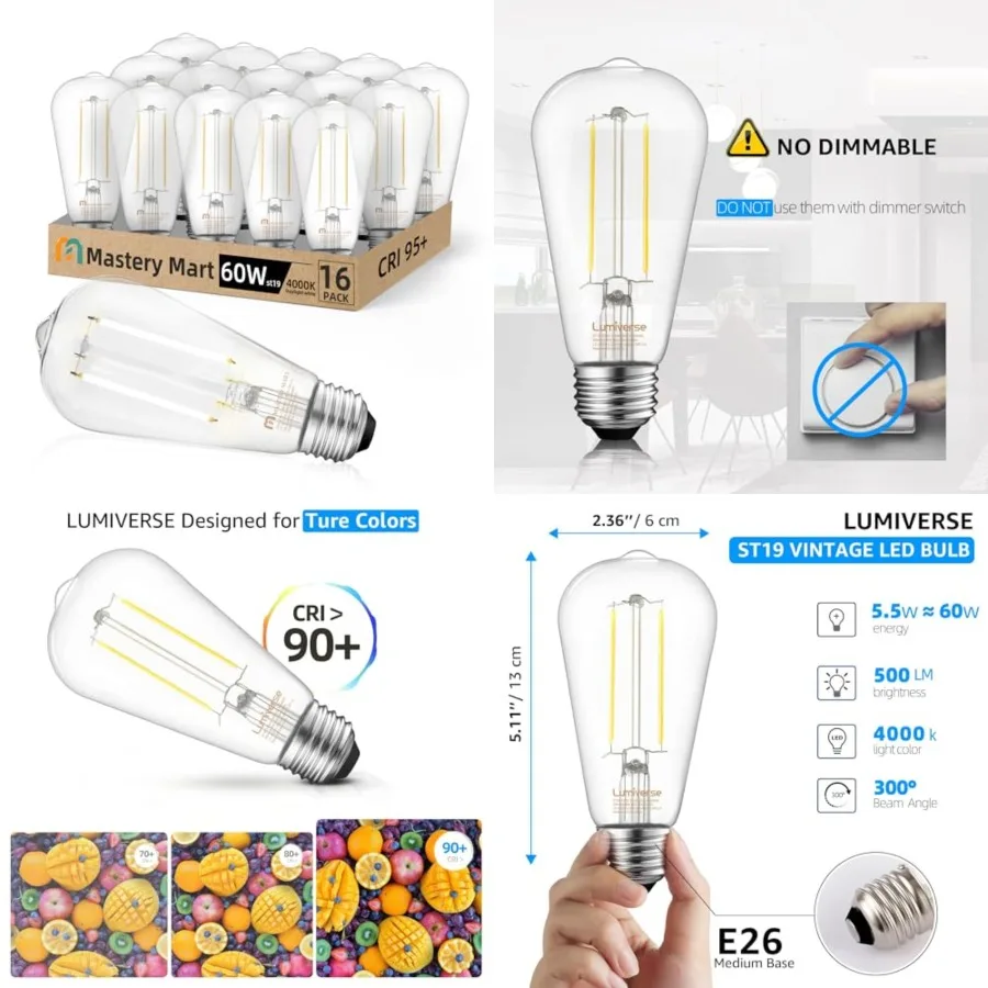 ST19 LED Edison Bulb, 5.5W 60W Equivalent 500LM CRI 95+, Non-Dimmable, 4000K, E26 Medium Base, Vintage Filament, Clear Glass, S
ST19 LED Edison Bulb, 5.5W 60W Equivalent 500LM CRI 95+, Non-Dimmable, 4000K, E26 Medium Base, Vintage Filament, Clear Glass, S