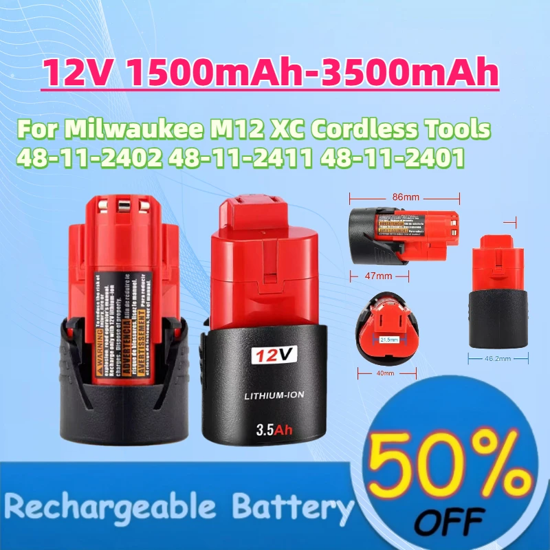 In Stock New 12V 1.5Ah-3.5Ah Li-ion Rechargeable Battery for Milwaukee M12 XC Cordless Tools 48-11-2402 48-11-2411 48-11-2401
In Stock New 12V 1.5Ah-3.5Ah Li-ion Rechargeable Battery for Milwaukee M12 XC Cordless Tools 48-11-2402 48-11-2411 48-11-2401