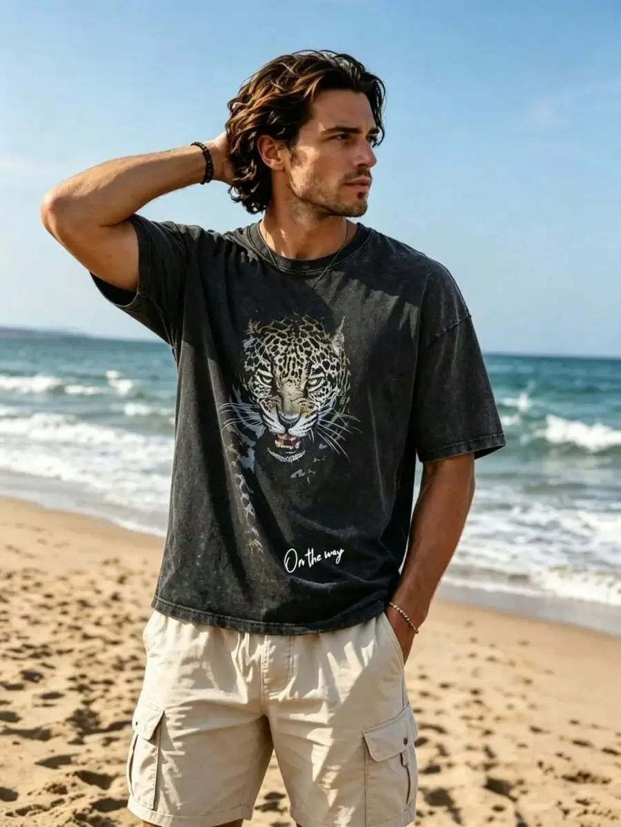 Mens Retro Leopard Graphic Print T-Shirt On The Way Washed Loose Fit Short Sleeve
Mens Retro Leopard Graphic Print T-Shirt On The Way Washed Loose Fit Short Sleeve