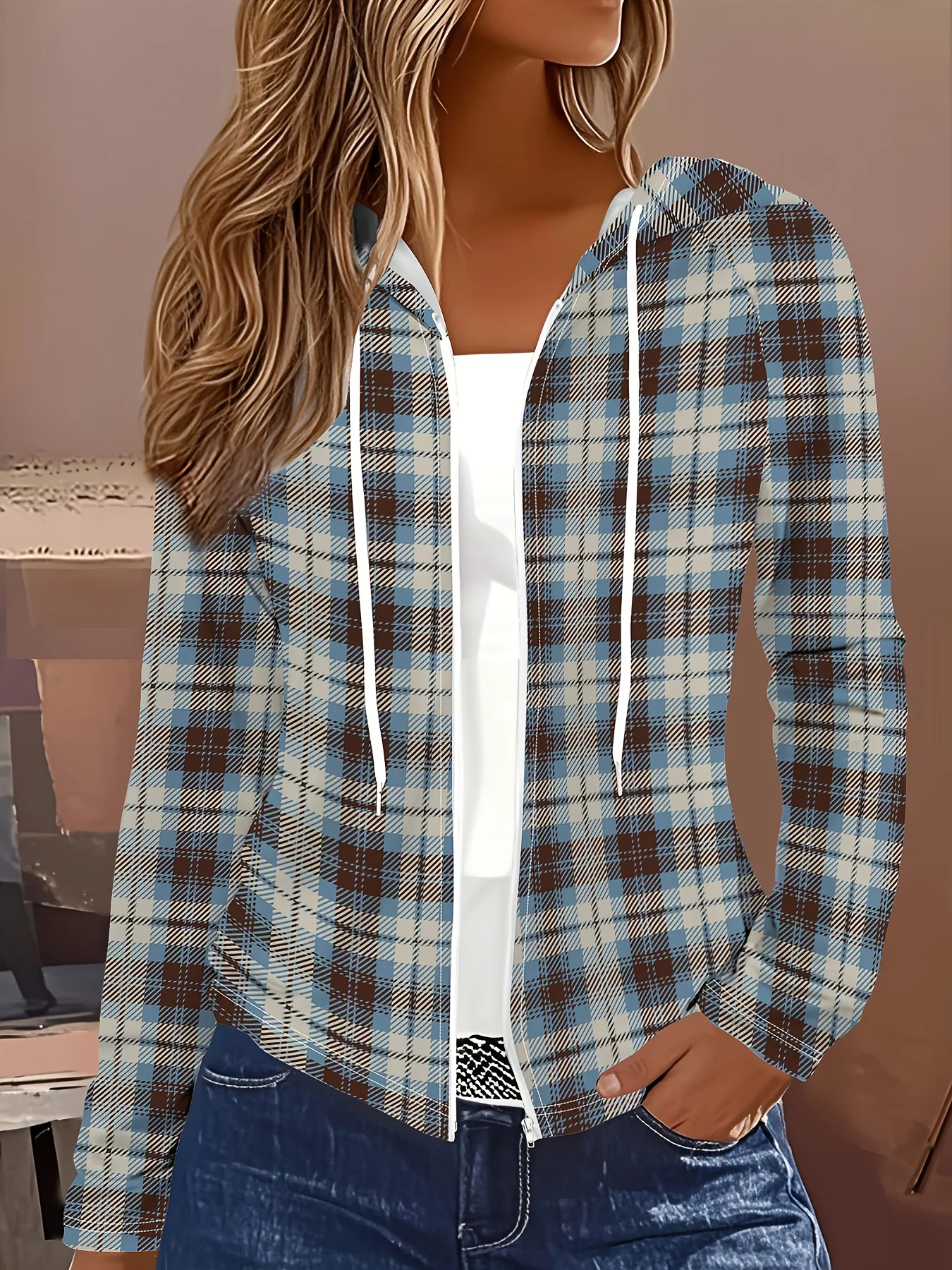 Spring and Autumn casual style Blue Brown White Plaid Pattern ladies' casual jacket
Spring and Autumn casual style Blue Brown White Plaid Pattern ladies' casual jacket