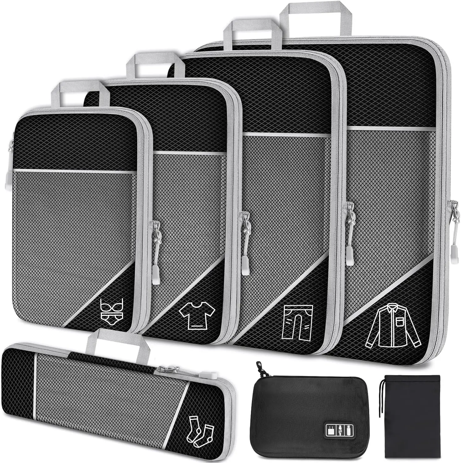 7PCS Compression Packing Cubes Set with Expandable Mesh, Travel Luggage Organizers & Cable Cord Charger Bag, Black
7PCS Compression Packing Cubes Set with Expandable Mesh, Travel Luggage Organizers & Cable Cord Charger Bag, Black