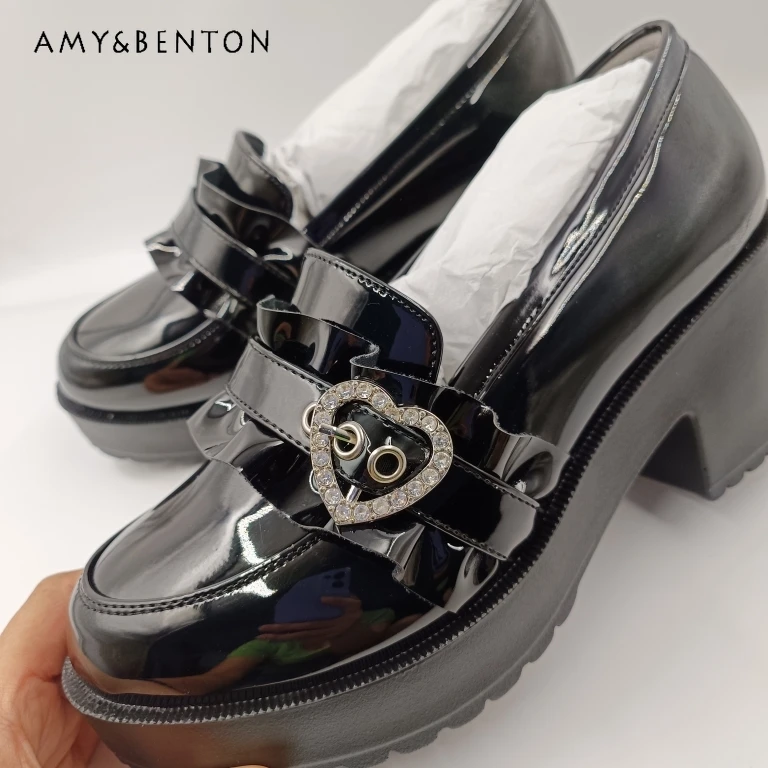 Japanese Mine Heart Rhinestone Lace Platform Shoes Autumn Preppy Style Cute Leather Shoes Students All Match Black High Heels
Japanese Mine Heart Rhinestone Lace Platform Shoes Autumn Preppy Style Cute Leather Shoes Students All Match Black High Heels