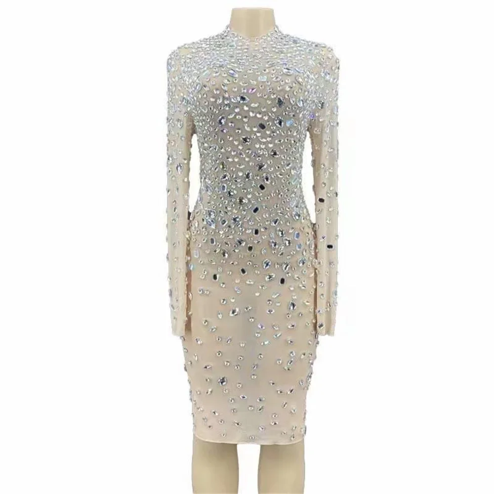 Nude Shining Crystal Long Sleeves Sexy Women Dress Evening Party Club Clothing Stage Singer Costumes Birthday Celebrate Wears
Nude Shining Crystal Long Sleeves Sexy Women Dress Evening Party Club Clothing Stage Singer Costumes Birthday Celebrate Wears