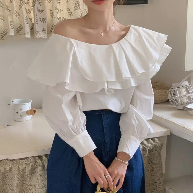 Korean Chic Asymmetrical Ruffled One Shoulder Long Sleeve White Blouses Elegant Office Lady Commuted Women Summer Shirts Tops
Korean Chic Asymmetrical Ruffled One Shoulder Long Sleeve White Blouses Elegant Office Lady Commuted Women Summer Shirts Tops