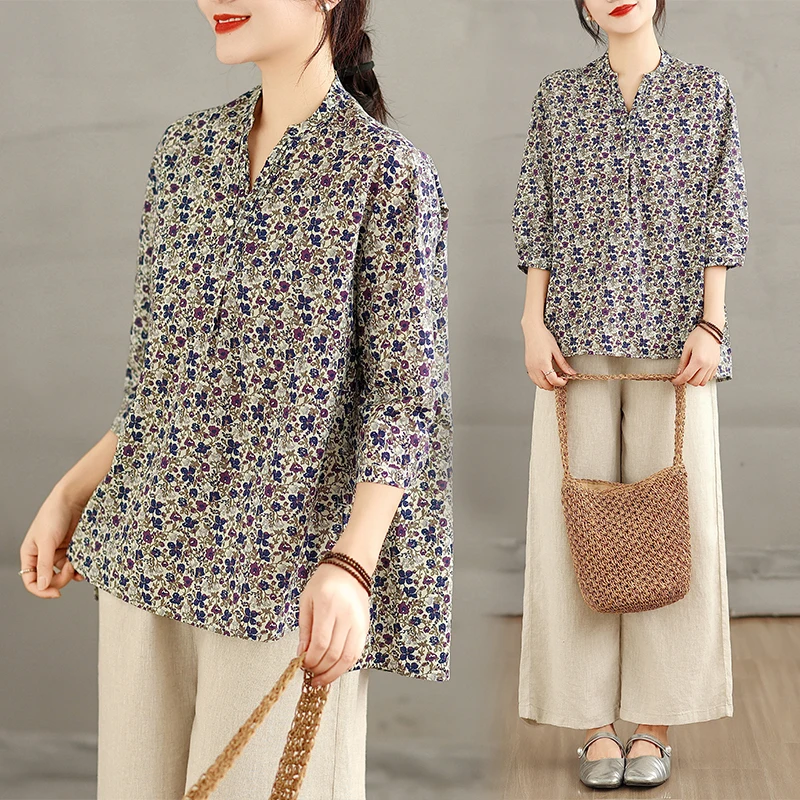 Spring Summer New Loose Floral Print Velvet Cotton Shirt Women's V-Neck Seven-Quarter Sleeve Casual Style Thin Fabric Top
Spring Summer New Loose Floral Print Velvet Cotton Shirt Women's V-Neck Seven-Quarter Sleeve Casual Style Thin Fabric Top