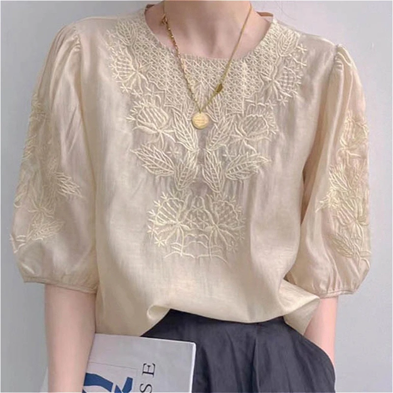 Women Blouses Embroidered Shirts Puff Half Sleeves Round Neck Slight Strech Loose Fit Casual Office Lady Elegant 2026 Summer
Women Blouses Embroidered Shirts Puff Half Sleeves Round Neck Slight Strech Loose Fit Casual Office Lady Elegant 2026 Summer