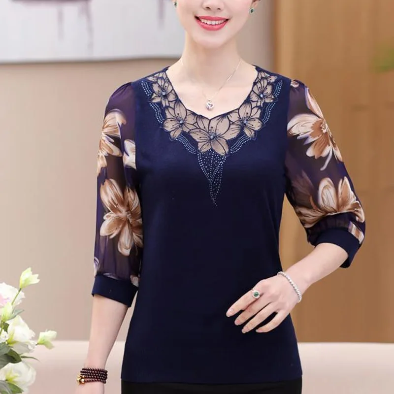 Mom's Shirt Fashionable Middle-aged 7-quarter Sleeve T-shirt Middle-aged Chiffon Top Rich Wife's Base Shirt I
Mom's Shirt Fashionable Middle-aged 7-quarter Sleeve T-shirt Middle-aged Chiffon Top Rich Wife's Base Shirt I