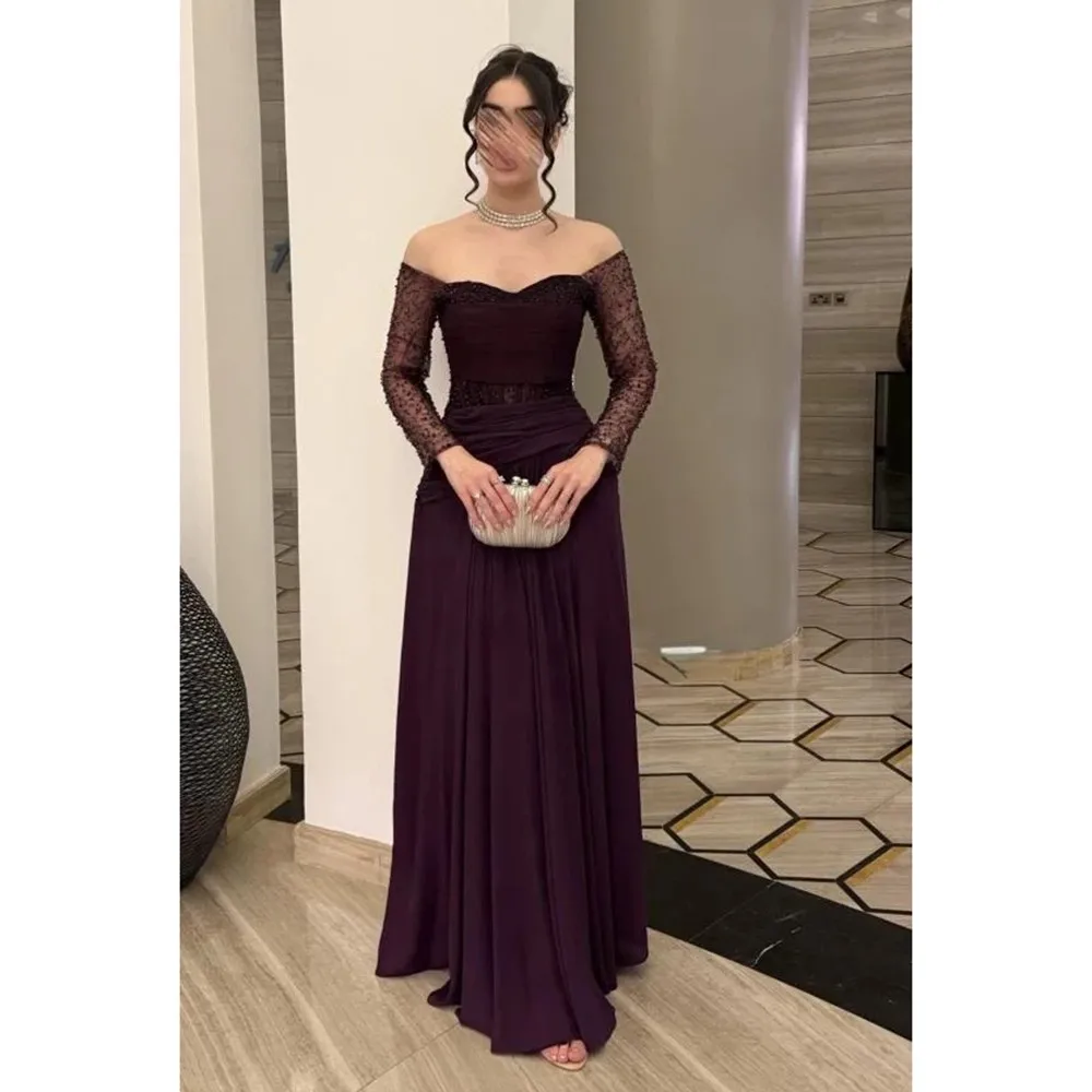 Custom Made Chic Off Shoulder Chiffon Pleated Bridal Evening Dress Beading A-line Backless Saudi Arab Dress with Long Sleeve
Custom Made Chic Off Shoulder Chiffon Pleated Bridal Evening Dress Beading A-line Backless Saudi Arab Dress with Long Sleeve