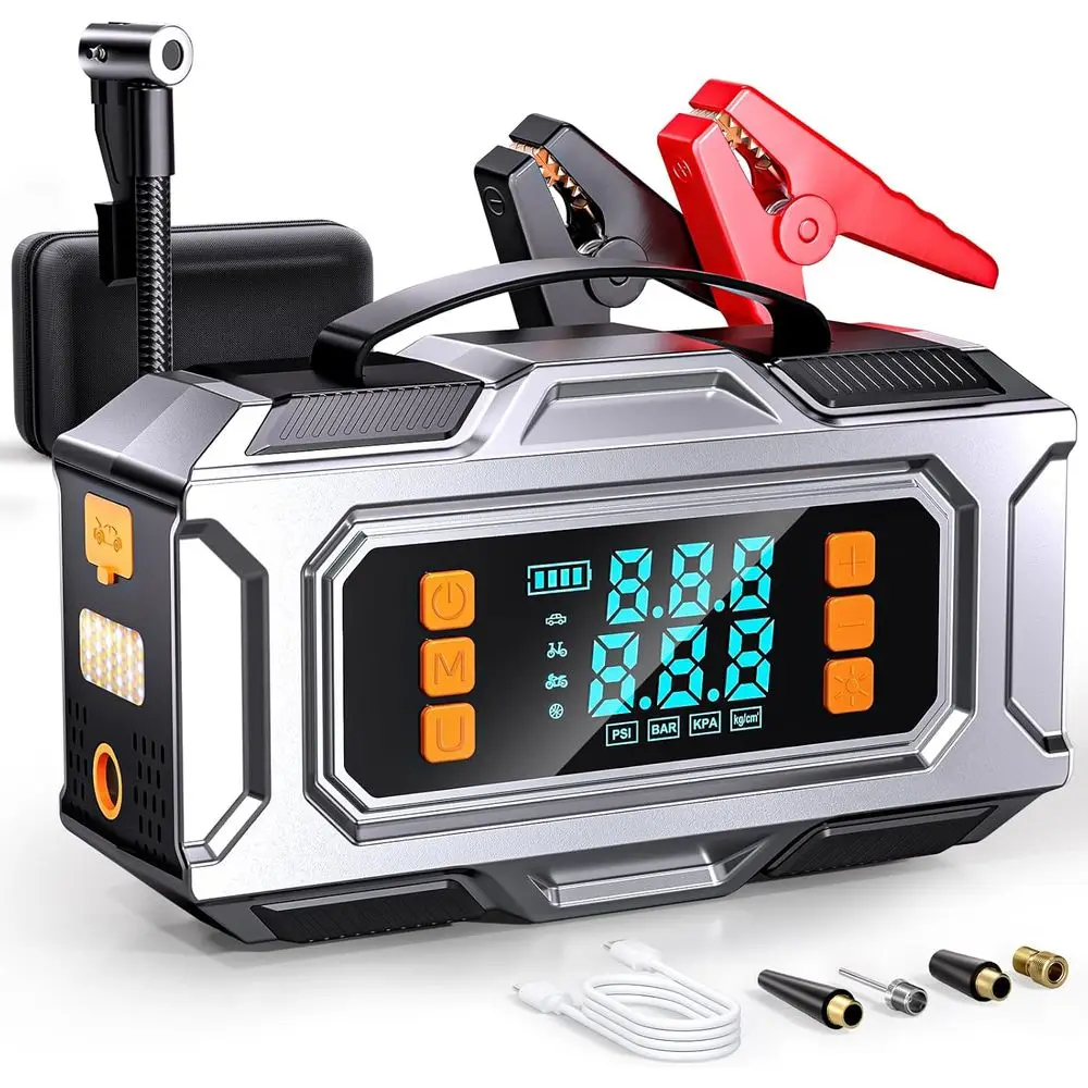 8000A Portable 12V Jump Starter with Air Compressor, LED Light, Power Bank, and LCD Display
8000A Portable 12V Jump Starter with Air Compressor, LED Light, Power Bank, and LCD Display