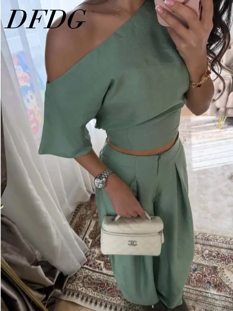 DFDG Women 2026 Spring Summer Two Piece Outfit One Shoulder Crop Top High Waist Wide Leg Pants Loose Casual Daily Set
DFDG Women 2026 Spring Summer Two Piece Outfit One Shoulder Crop Top High Waist Wide Leg Pants Loose Casual Daily Set