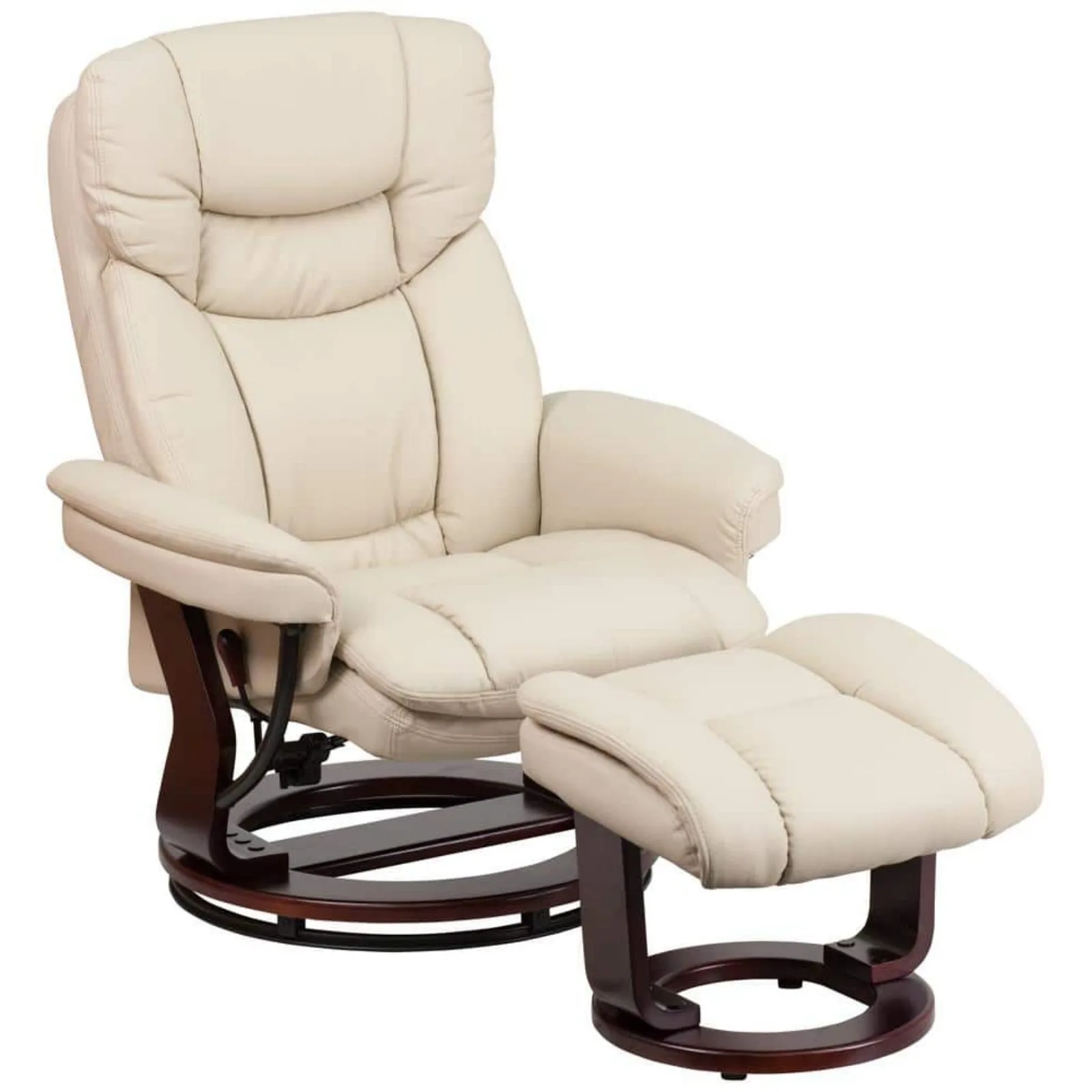 US Contemporary Beige Faux Leather Recliner Chair and Ottoman Footrest with Swiveling Mahogany Base
US Contemporary Beige Faux Leather Recliner Chair and Ottoman Footrest with Swiveling Mahogany Base