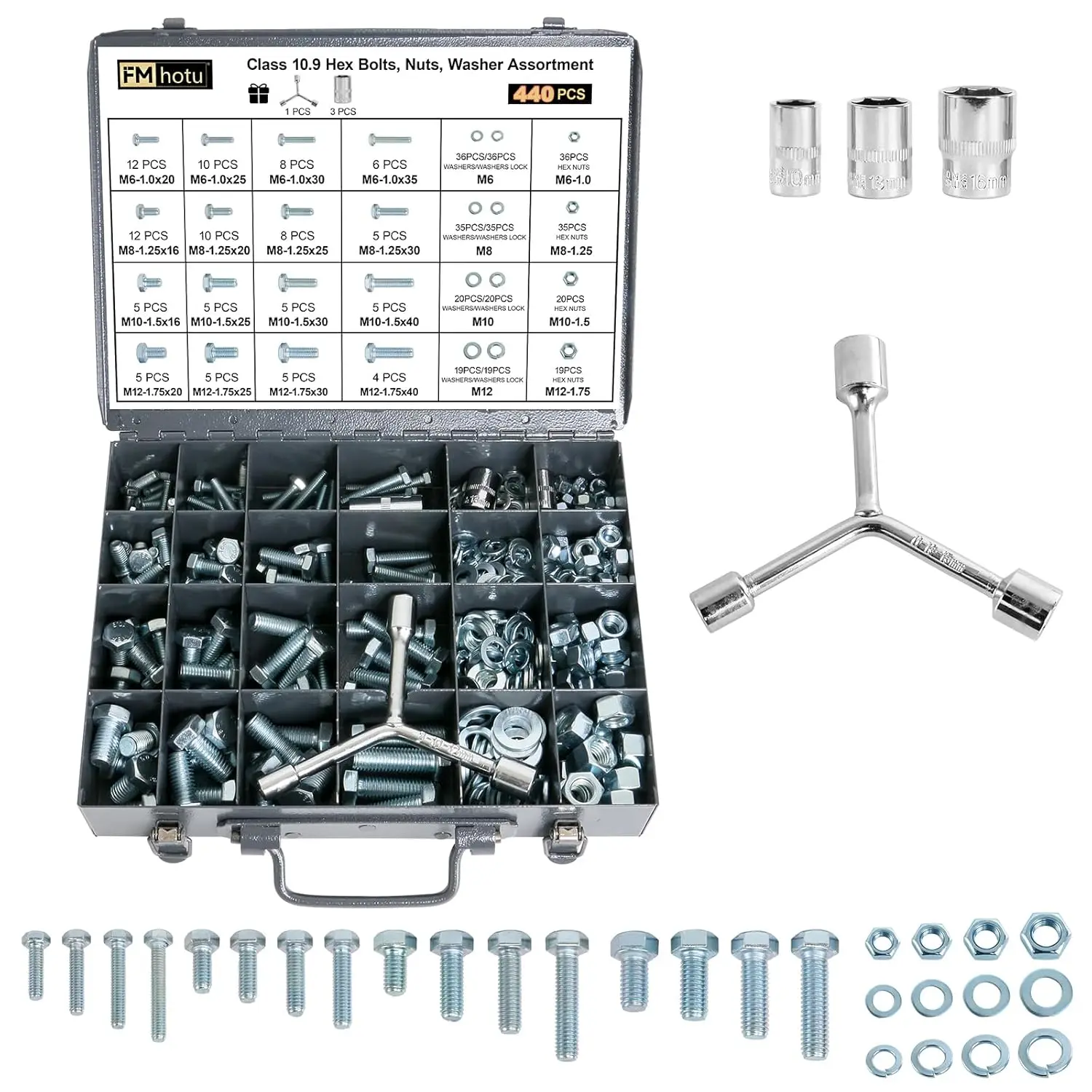 440Pcs Nuts and Bolts Assortment Kit, Metric Grade 10.9 Hex Bolts Nuts Washers Set, M6 M8 M10 M12 with Y-Wrench
440Pcs Nuts and Bolts Assortment Kit, Metric Grade 10.9 Hex Bolts Nuts Washers Set, M6 M8 M10 M12 with Y-Wrench