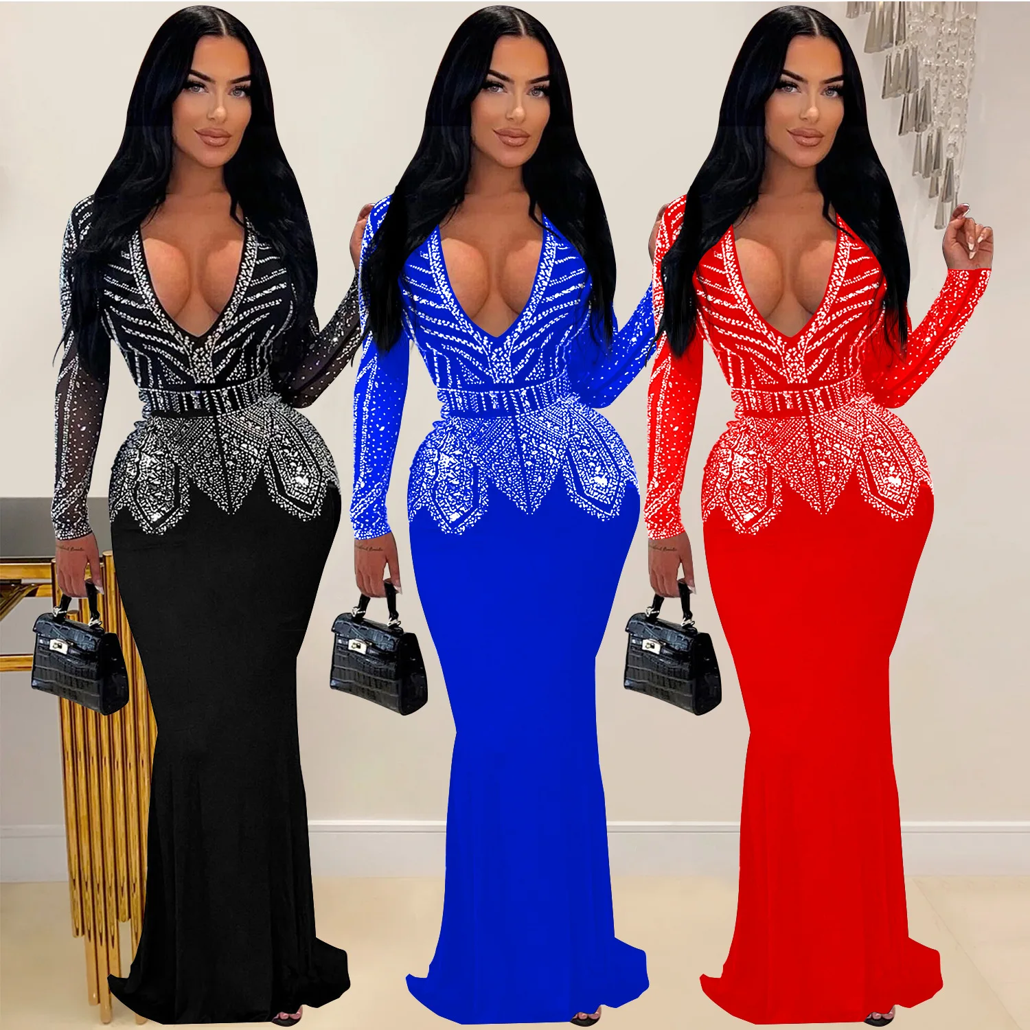 European and American fashion women's clothing new hot diamond long dress dress V-neck evening dress sexy temperament thin high-
European and American fashion women's clothing new hot diamond long dress dress V-neck evening dress sexy temperament thin high-
